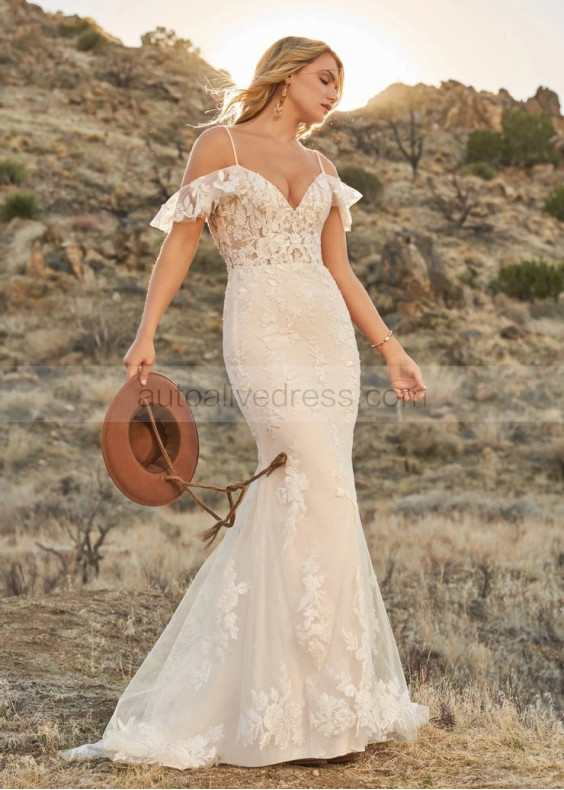 Beaded Ivory Lace Tulle Keyhole Back Boho Chic Wedding Dress